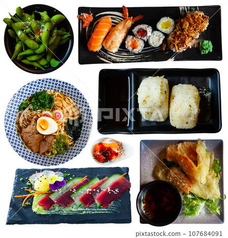 Set of Japanese food collage on white background Set of Japanese food collage on white background 107684091