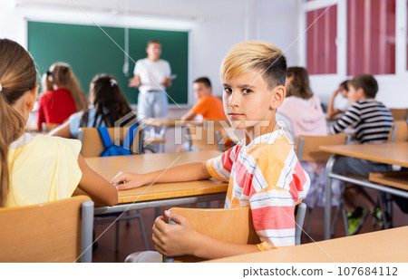 Portrait of schoolboy in classroom 107684112