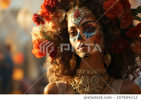 Attractive young woman with sugar skull makeup . Dia de los muertos. 107684212