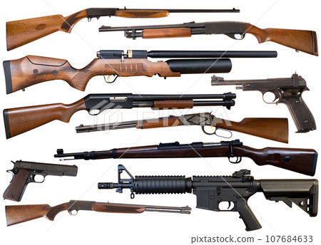 Many types of firearm cutouts, isolated over white background 107684633