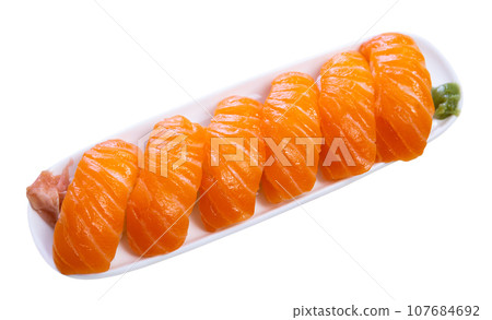 Blue rectangular ceramic plate of delicious salmon nigiri 107684692