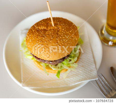 Appetizing hamburger with salad served on platter Appetizing hamburger with salad served on platter 107684728