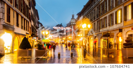 Night view of illuminated Place Saint-Leger in Chambery during Christmas season 107684741
