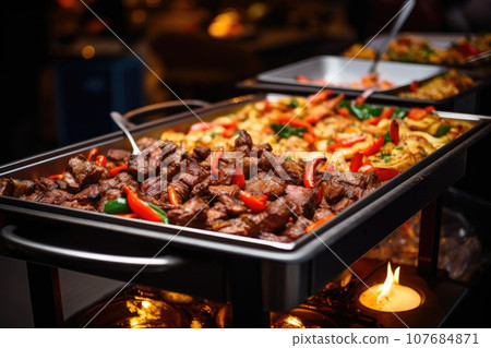 Catering buffet food indoor in restaurant with grilled meat. 107684871
