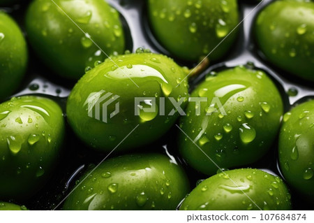 Green olives with drops of water 107684874