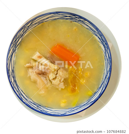 Boiled chickpeas served with meat on platter Boiled chickpeas served with meat on platter 107684882