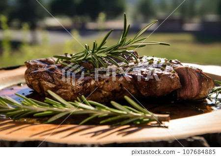 Grilled meat barbecue steak on wooden cutting board with rosemary. Grilled meat barbecue steak on wooden cutting board with rosemary. 107684885