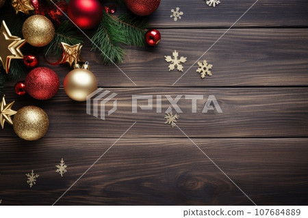 Christmas decorations on rustic wooden background, top view. Copy space 107684889