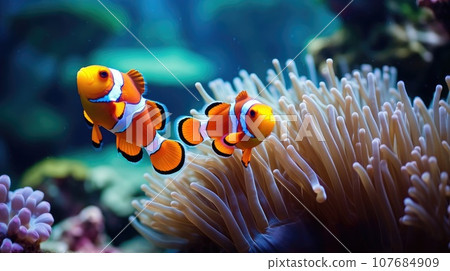 Amphiprion ocellaris clownfish and anemone in sea. Amphiprion ocellaris clownfish and anemone in sea. 107684909
