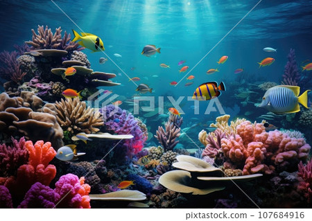 Underwater shot of coral fish, corals and anemones 107684916