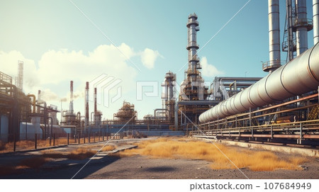 Steel long pipes in crude oil factory. Oil refinery 107684949