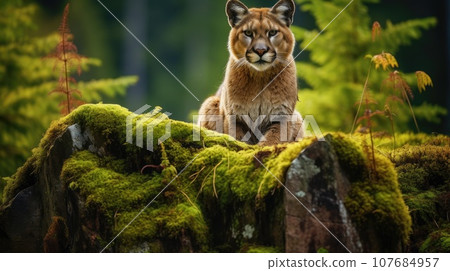 Cougar in the green forest 107684957