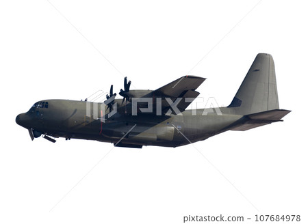 Military transport aircraft equipped with four powerful turbocharged engines is flying in sky Military transport aircraft equipped with four powerful turbocharged engines is flying in sky 107684978