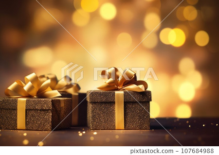 Christmas background with yellow presents or gifts in box Christmas background with yellow presents or gifts in box 107684988