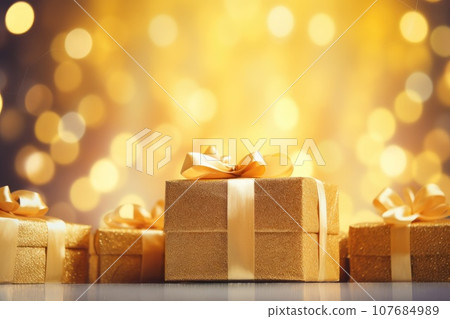 Christmas background with golden presents or gifts in box 107684989