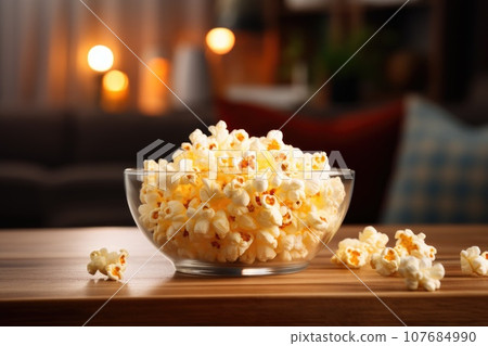 Popcorn in a bowl on the table 107684990