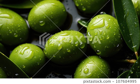 Green olives with drops of water Green olives with drops of water 107684995