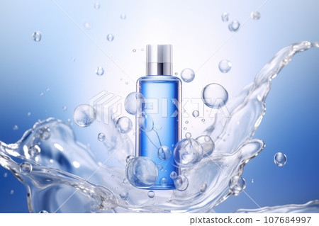 Cosmetic bottle with essence, blue bubbles molecules in the background. Beauty product mock up Cosmetic bottle with essence, blue bubbles molecules in the background. Beauty product mock up 107684997