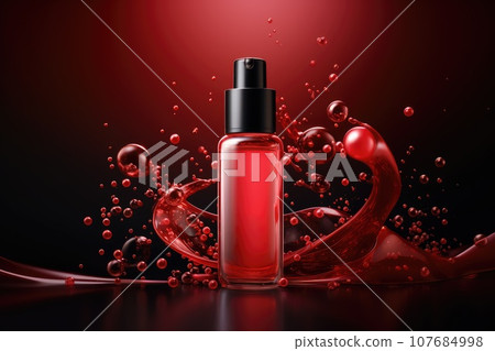 Cosmetic bottle with essence, red bubbles molecules in the background. Beauty product mock up Cosmetic bottle with essence, red bubbles molecules in the background. Beauty product mock up 107684998