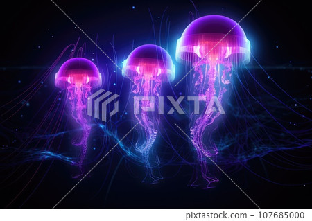 Futuristic neon glowing jellyfish Futuristic neon glowing jellyfish 107685000
