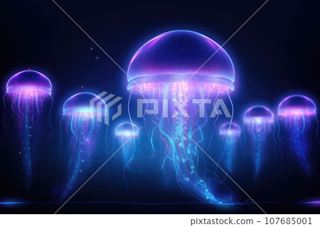 Futuristic neon glowing jellyfish Futuristic neon glowing jellyfish 107685001