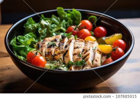 Grilled chicken salad with tomatoes and herbs in a bowl 107685015