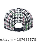 Cap-a baseball cap made of thick woolen fabric, with a visor, multi colored, isolated on a white background. Rear view.  107685578