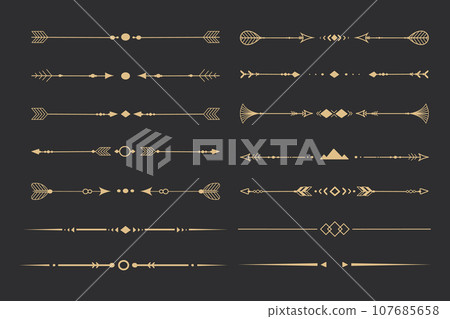 Set tribal ethnic arrow dividers, native indian bow boho in doodle style isolated on white background. Collection borders, decoration elements Set tribal ethnic arrow dividers, native indian bow boho in doodle style isolated on white background. Collection borders, decoration elements 107685658