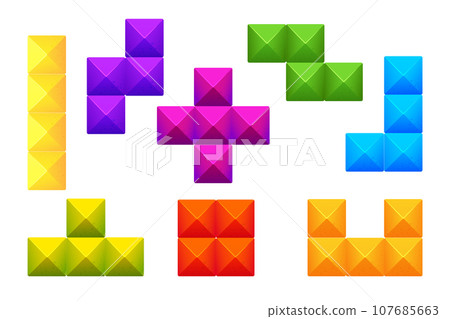 Game bricks set, colorfull blocks clasic logic game, puzzle in cartoon style isolated on white background. Creative detailed shapes Game bricks set, colorfull blocks clasic logic game, puzzle in cartoon style isolated on white background. Creative detailed shapes 107685663