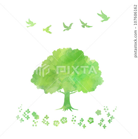 Gentle watercolor style trees, birds, and flowers Gentle watercolor style trees, birds, and flowers 107686162