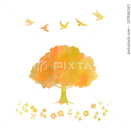 Gentle watercolor style trees, birds, and flowers 107686163