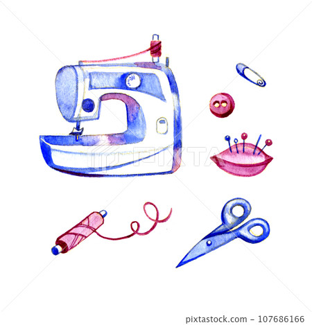 watercolor drawing, sewing machine, thread, needlework 107686166