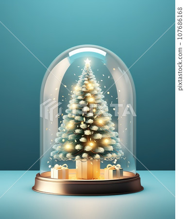 3D render of Magical Christmas scene with a realistic Christmas tree inside a glass dome on a colorful backdrop. This festive image is perfect for holiday greetings, social media, and design projects. 3D render of Magical Christmas scene with a realistic Christmas tree inside a glass dome on a colorful backdrop. This festive image is perfect for holiday greetings, social media, and design projects. 107686168