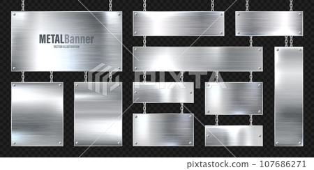 Metal banners hanging on a chain. Realistic shiny steel plate with screws. Polished silver metal surface. Vector illustration Metal banners hanging on a chain. Realistic shiny steel plate with screws. Polished silver metal surface. Vector illustration 107686271
