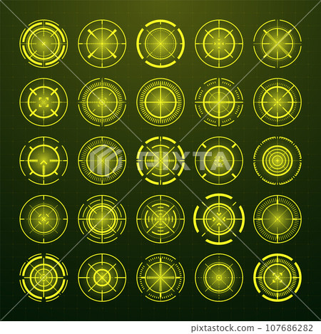 Crosshair, gun sight vector icons. Bullseye, black target or aim symbol. Military rifle scope, shooting mark sign. Targeting, aiming for a shot. Archery, hunting and sports shooting. Game UI element. 107686282