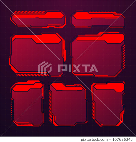 Red futuristic HUD or UI elements. Sci-fi user interface text boxes, callouts. Warning message frames, information boxes template. Modern game interface layout in digital style. Vector illustration Red futuristic HUD or UI elements. Sci-fi user interface text boxes, callouts. Warning message frames, information boxes template. Modern game interface layout in digital style. Vector illustration 107686343