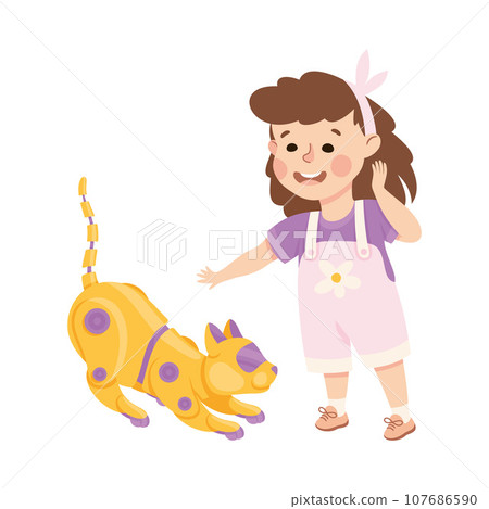 Little Girl with Cat Robot Playing Using Smart Technology Vector Illustration Little Girl with Cat Robot Playing Using Smart Technology Vector Illustration 107686590