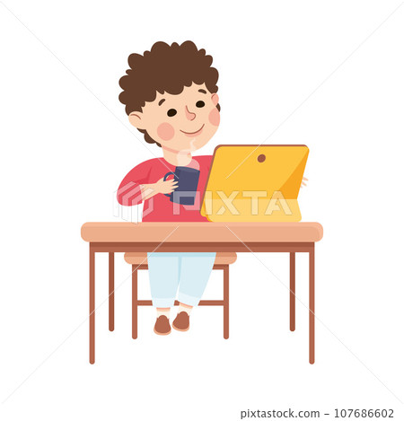Little Boy with Coffee Mug at Tablet PC Sitting Using Smart Technology Vector Illustration 107686602