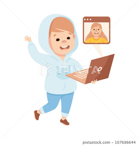 Little Boy with Laptop Video Call Using Smart Technology Vector Illustration 107686644