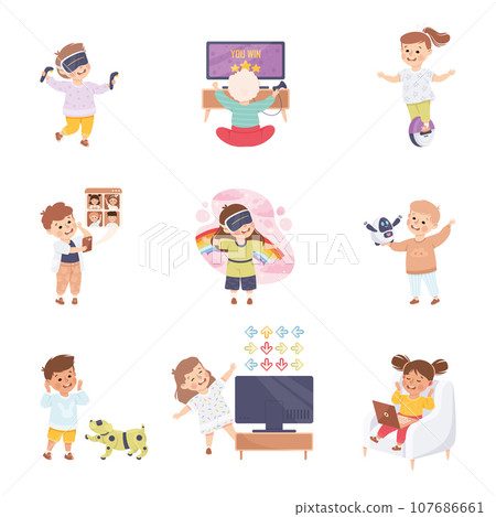 Children Using Smart Technologies Playing with Robot and Virtual Game Vector Set Children Using Smart Technologies Playing with Robot and Virtual Game Vector Set 107686661