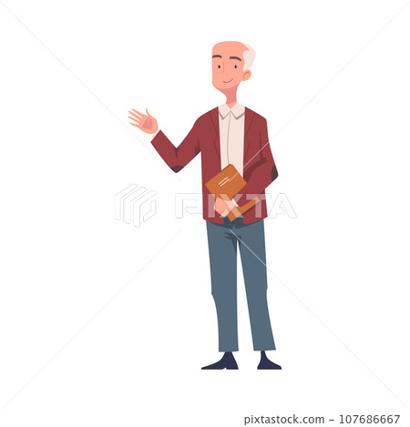 Senior Man Teacher Character Standing with Book and Waving Hand Greeting Vector Illustration 107686667