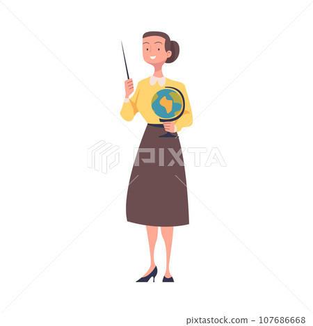 Young Woman Teacher Character Standing with Pointer and Globe Teaching Vector Illustration 107686668