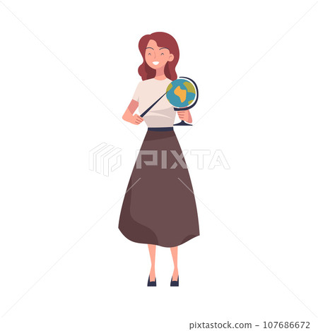 Young Woman Teacher Character Standing with Pointer and Globe Teaching Vector Illustration 107686672