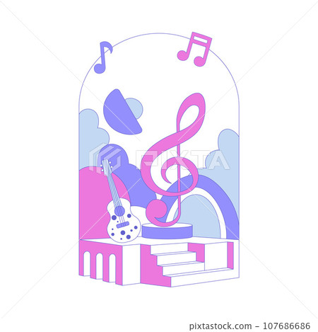 Stage Steps with Violin Clef with Notes and Guitar Vector Illustration 107686686