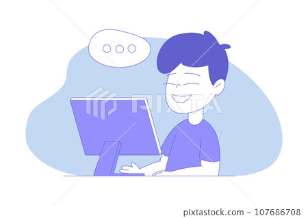 Smiling Boy First Grader Sitting at Desk in Front of Computer Having Online Lesson Vector Illustration 107686708