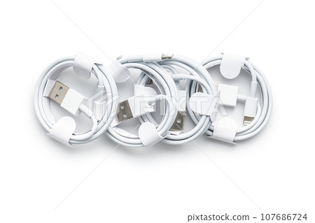 White usb charging cables isolated on  white background. 107686724