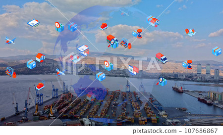 Logistic business or transport concept Aerial view over import export port with many stacks of cargo container rows. High quality photo Logistic business or transport concept Aerial view over import export port with many stacks of cargo container rows. High quality photo 107686867