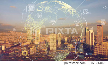 Global connection and the internet network modernization in smart city . Concept of future 5G wireless digital connecting and social media networking . High quality photo Global connection and the internet network modernization in smart city . Concept of future 5G wireless digital connecting and social media networking . High quality photo 107686868