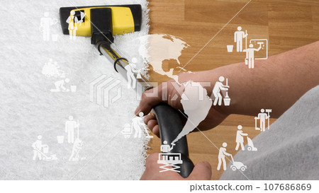 Human Cleaning Carpet In The Living Room Using Vacuum Cleaner At Home. High quality photo Human Cleaning Carpet In The Living Room Using Vacuum Cleaner At Home. High quality photo 107686869
