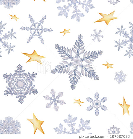 Hand drawn watercolor snowflakes and gold stars, water ice crystals frozen in winter. Illustration isolated seamless pattern, white background. Design holiday poster, print, website, card, invitation 107687023